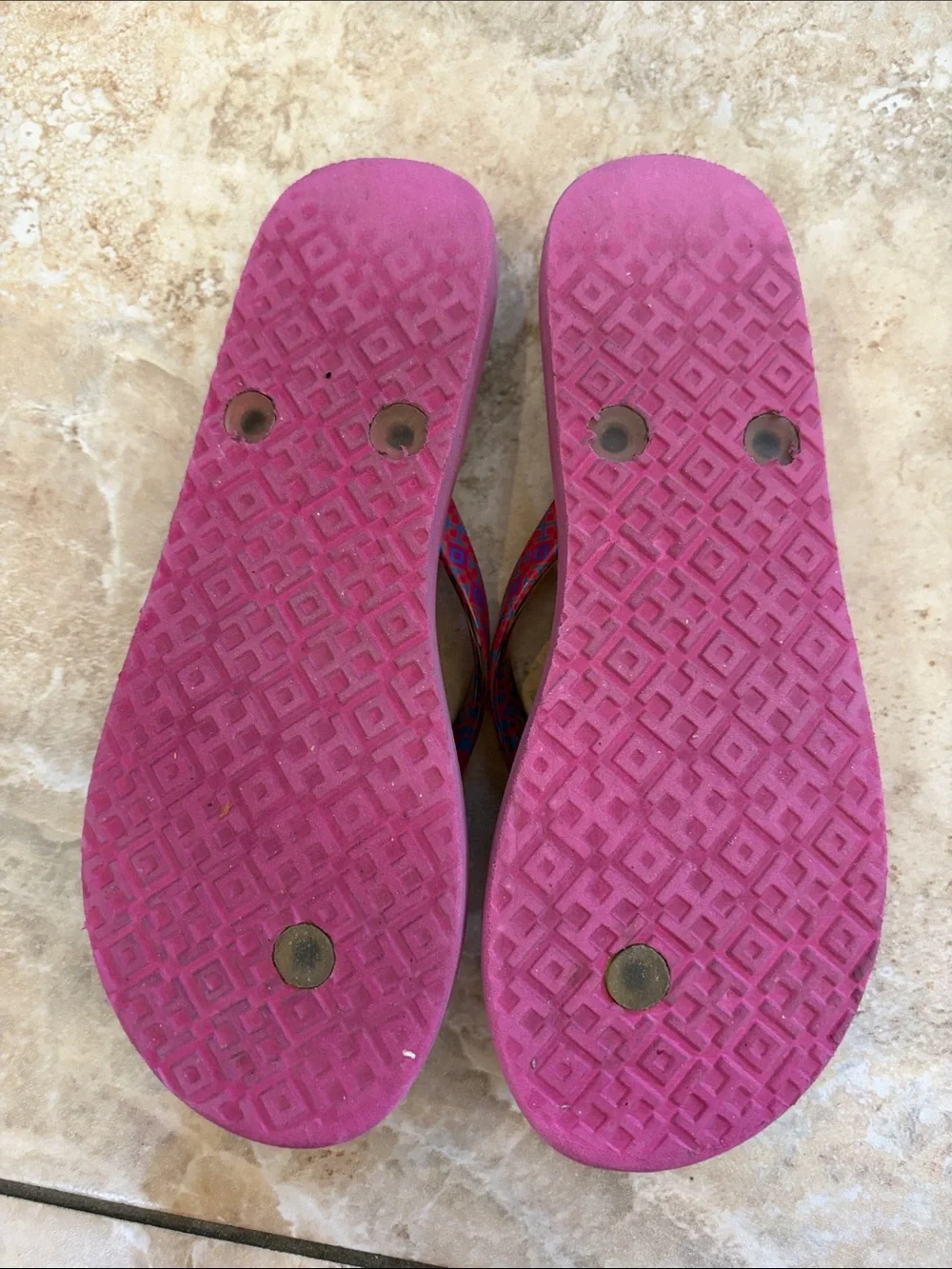 Big girls size 4 - Tory Burch Pink and Blue Patterned Logo Flip Flop Sandals